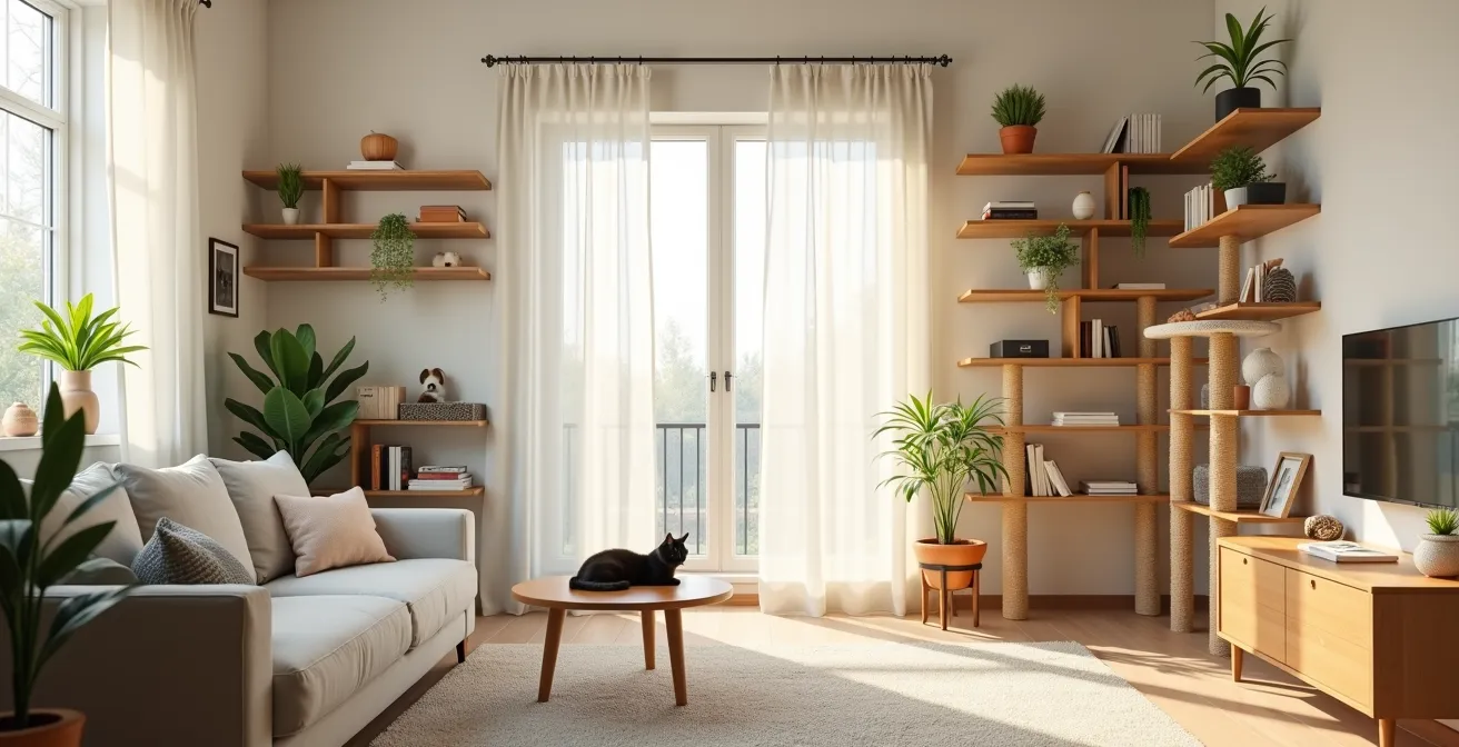 Vue d'ensemble d'un salon aménagé avec des étagères murales, un arbre à chat et différentes zones d'activités pour chat