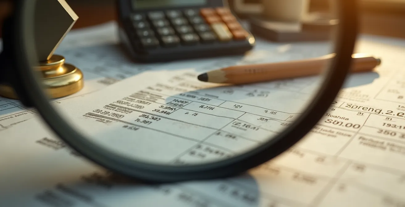 Analyse minutieuse de factures énergétiques avec loupe et calculatrice pour détecter les erreurs