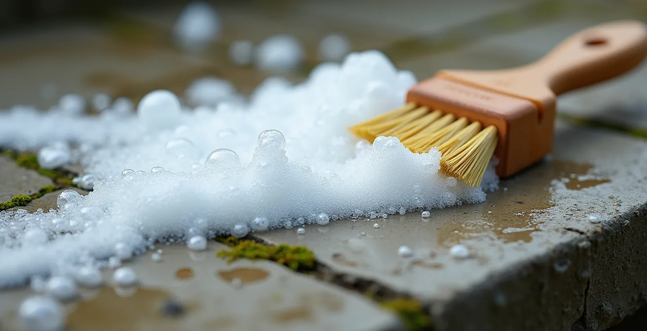 Application de détergent moussant sur terrasse avec brosse professionnelle