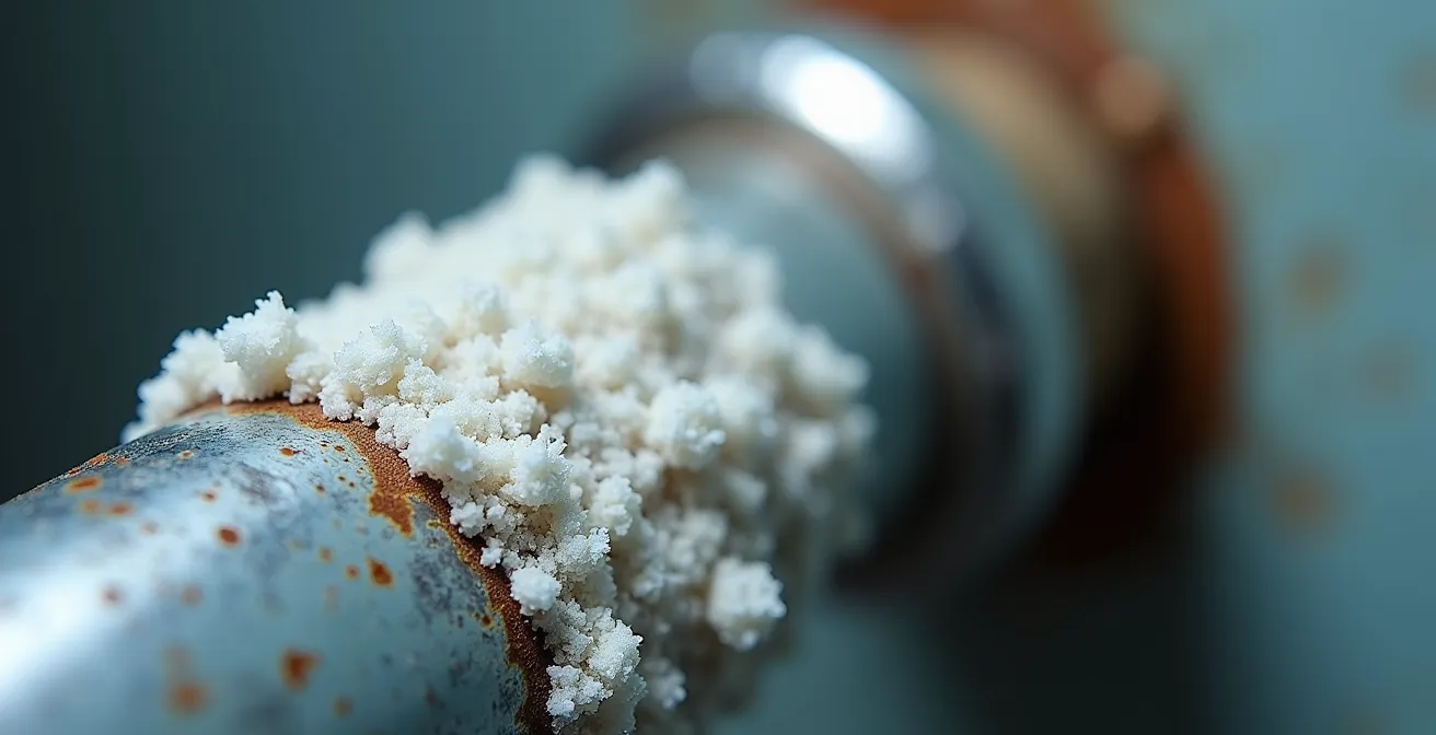 Vue macro de dépôts de calcaire sur une résistance de chauffe-eau