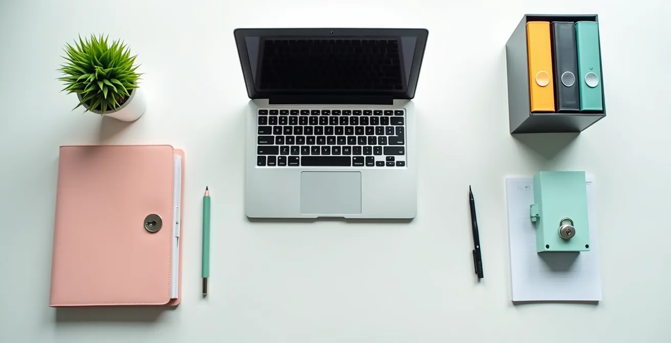 Bureau minimaliste avec système de classement numérique organisé
