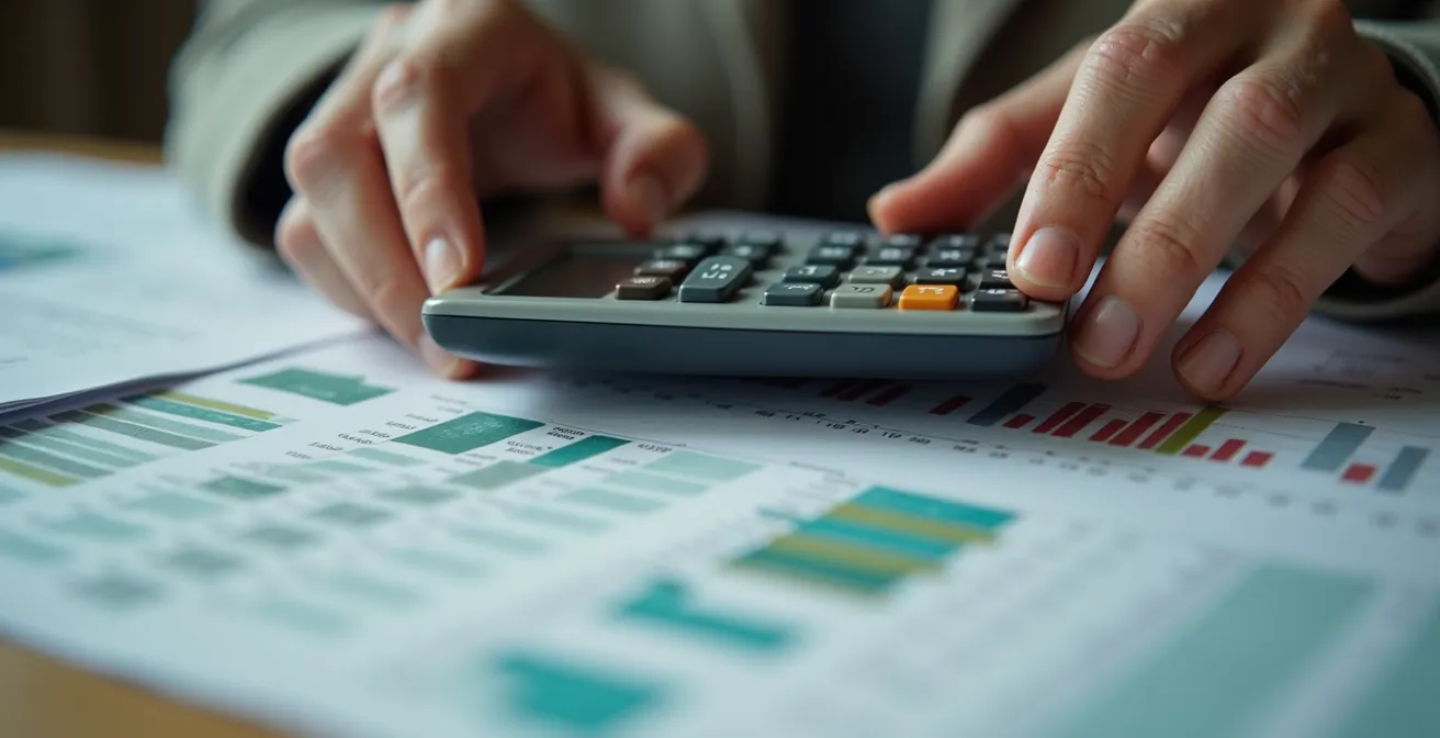 Personne âgée avec calculatrice et documents financiers sur une table