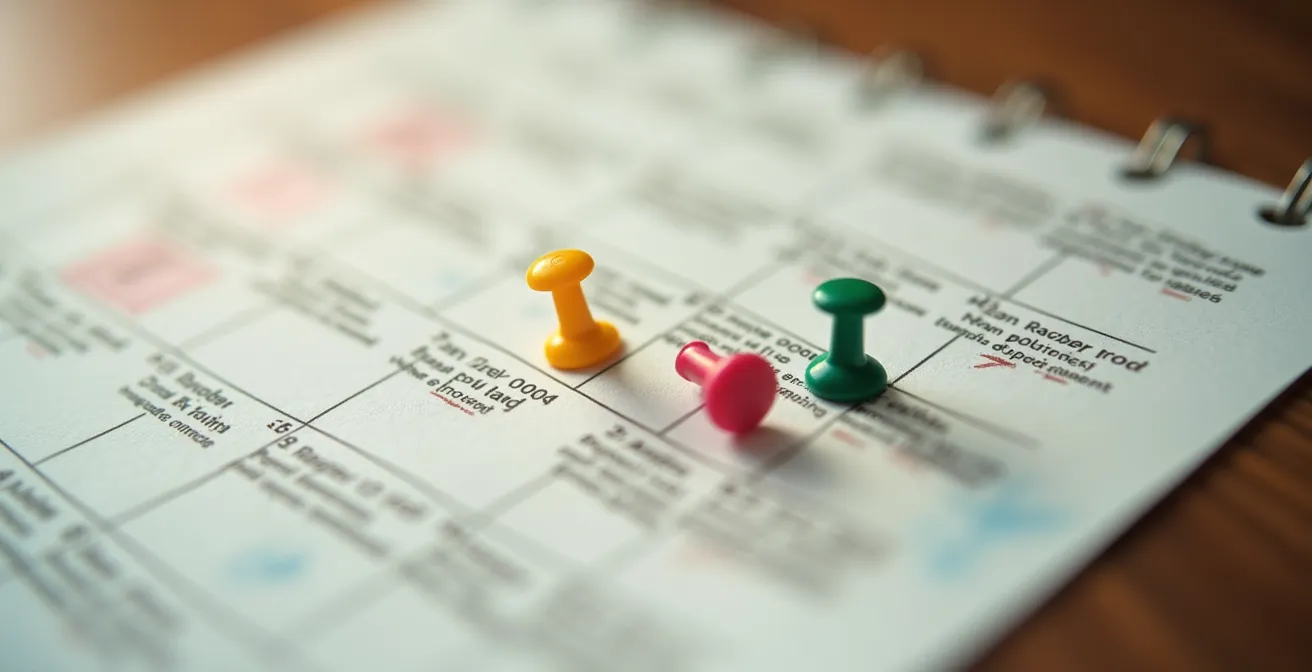 Vue macro d'un calendrier papier avec des marqueurs colorés pour l'entretien domestique
