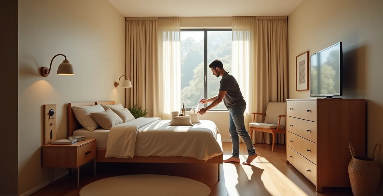 Chambre adaptée PMR avec mobilier surélevé et chemins de circulation optimisés