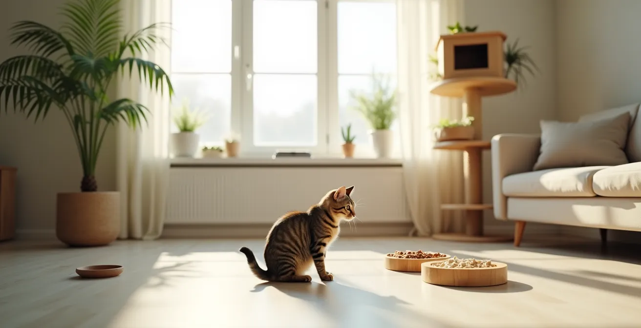 Chat tigré observant depuis un perchoir près d'une fenêtre avec jouets interactifs en premier plan