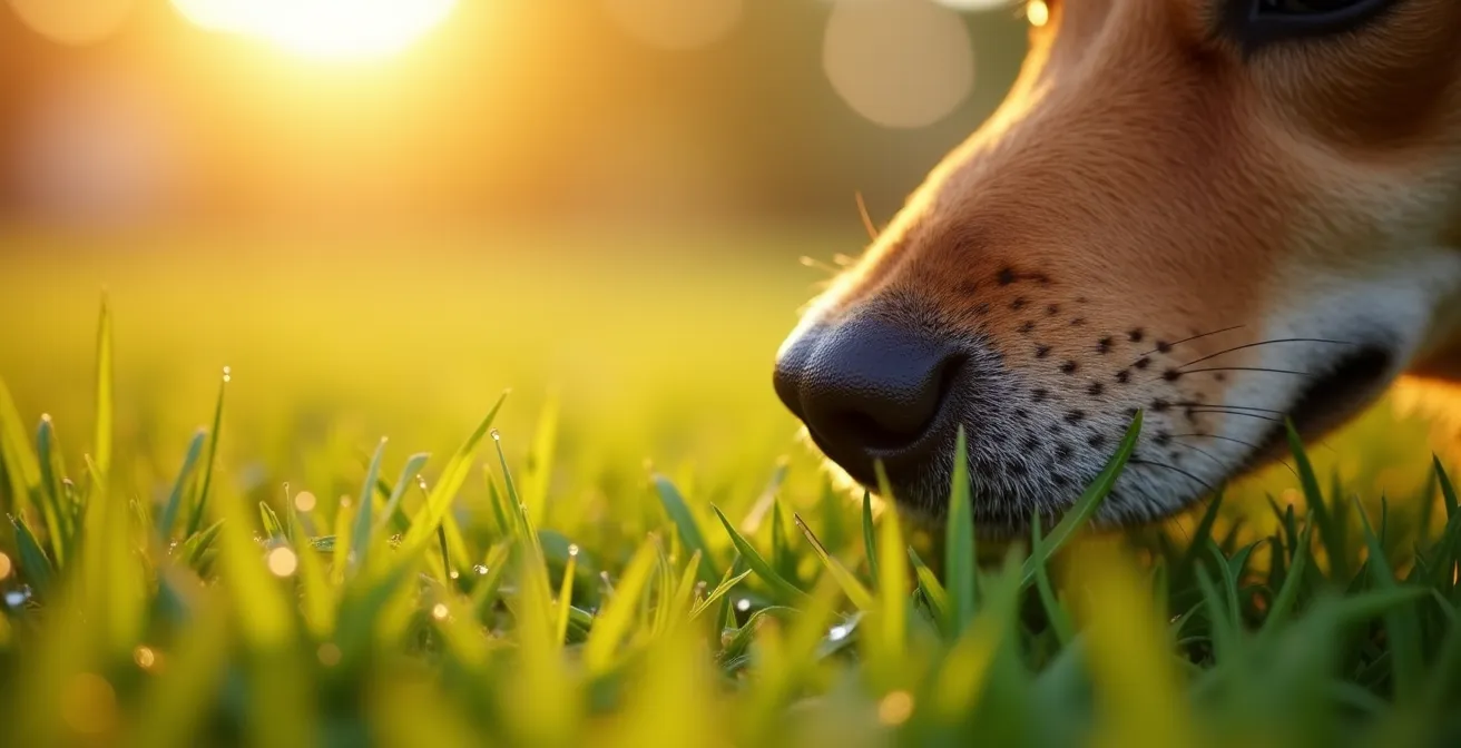 Gros plan sur la truffe d'un chien reniflant des herbes hautes avec profondeur de champ réduite