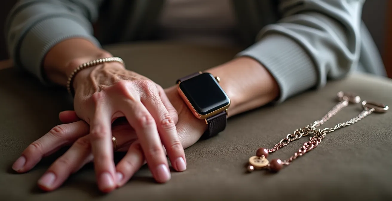 Gros plan sur une main élégante portant différents dispositifs de téléassistance modernes et discrets