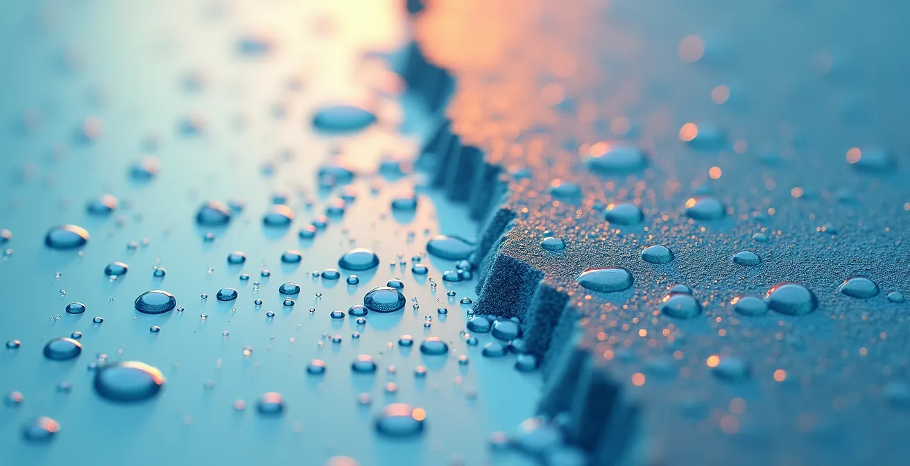 Vue macro de gouttelettes d'eau pure sur surface propre contrastant avec résidus chimiques visibles