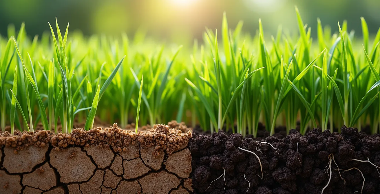 Coupe transversale de deux sections de pelouse montrant différentes hauteurs de tonte et leur impact sur le sol