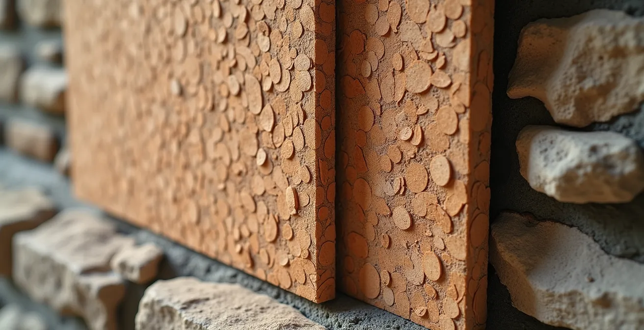 Gros plan comparatif de panneaux de liège et fibre de bois contre un mur en pierre