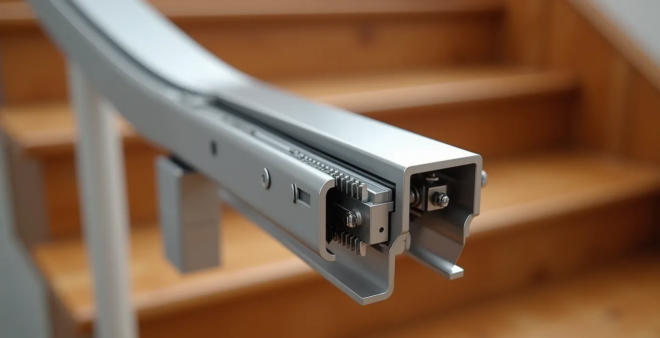 Vue macro détaillée d'un système de rail monorail pour monte-escalier montrant la fixation compacte sur les marches