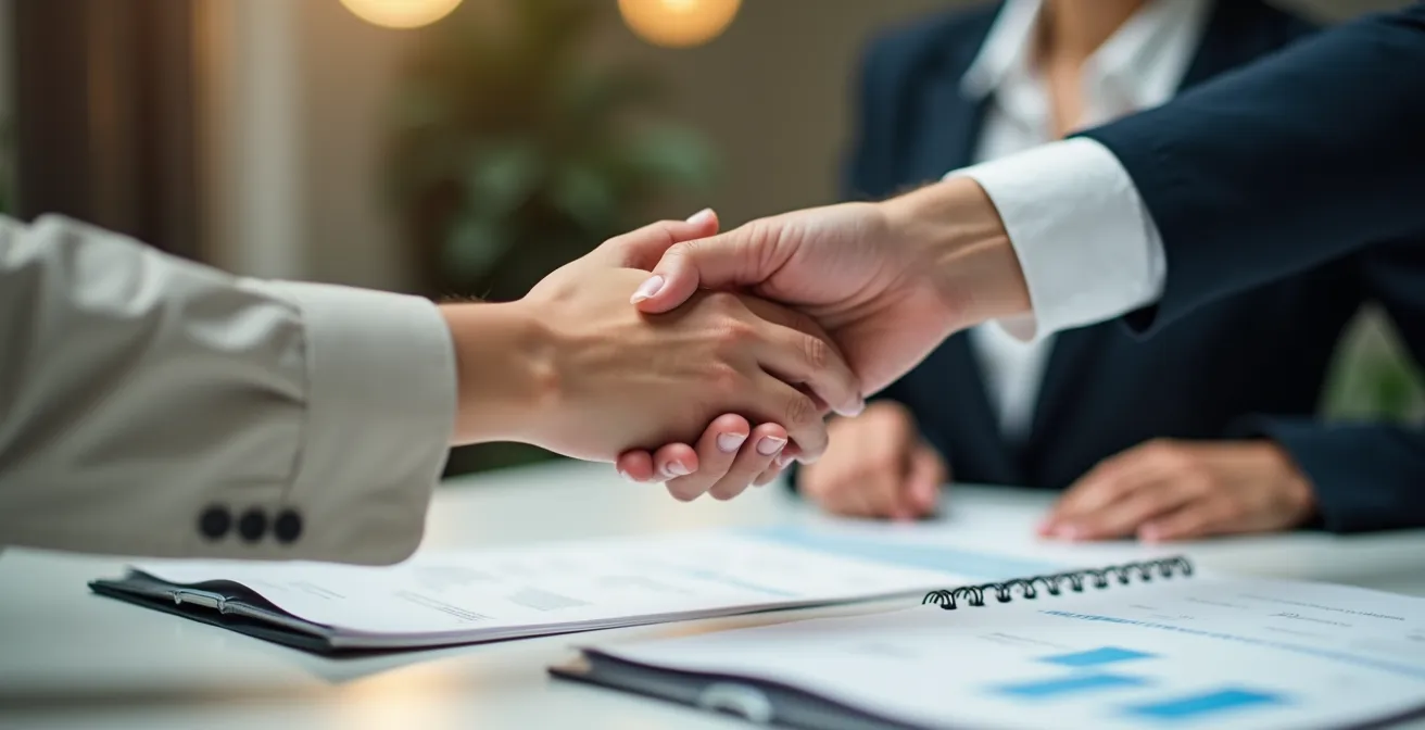 Mains échangeant symboliquement des documents juridiques représentant la délégation de pouvoir