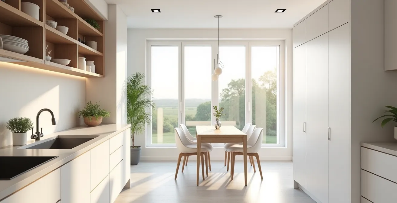 Cuisine aménagée avec rangements à hauteur optimale pour senior