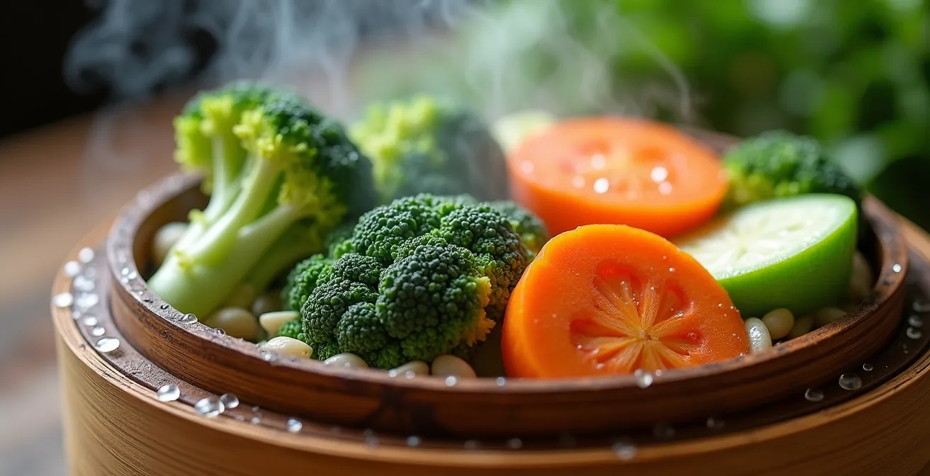 Légumes colorés dans un cuiseur vapeur avec gouttelettes d'eau, mise en valeur de la texture et fraîcheur