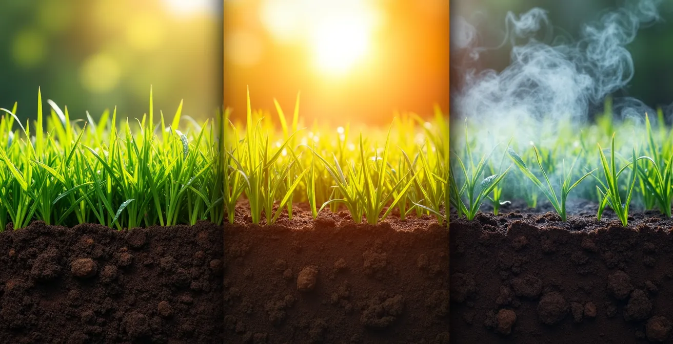 Vue latérale d'une pelouse montrant le cycle de l'eau sur 24 heures avec soleil et lune