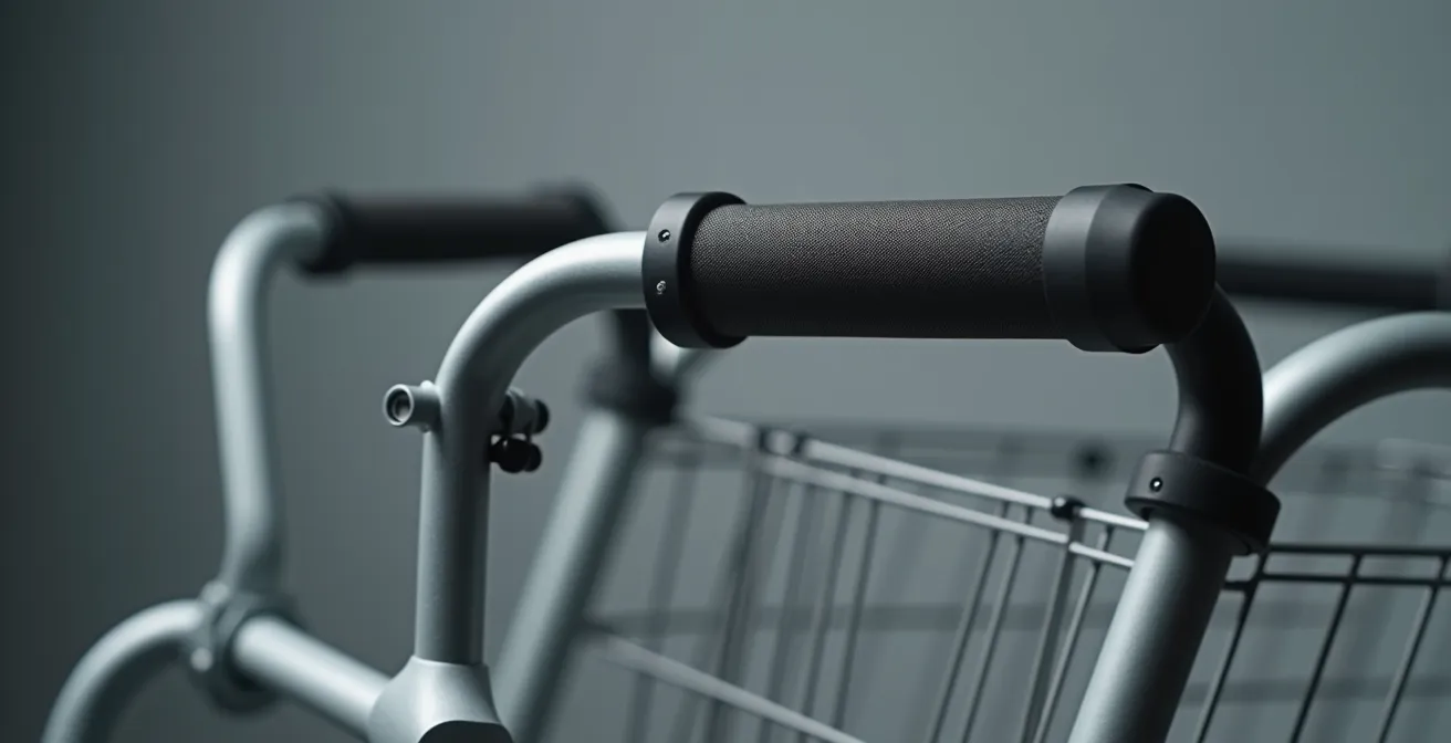 Gros plan sur un déambulateur-caddie hybride avec siège pliable dans un environnement lumineux