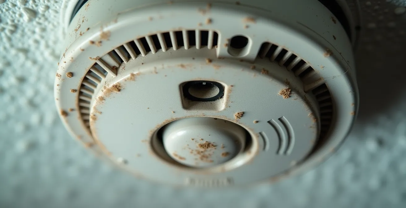 Gros plan sur un détecteur de fumée avec détails techniques visibles