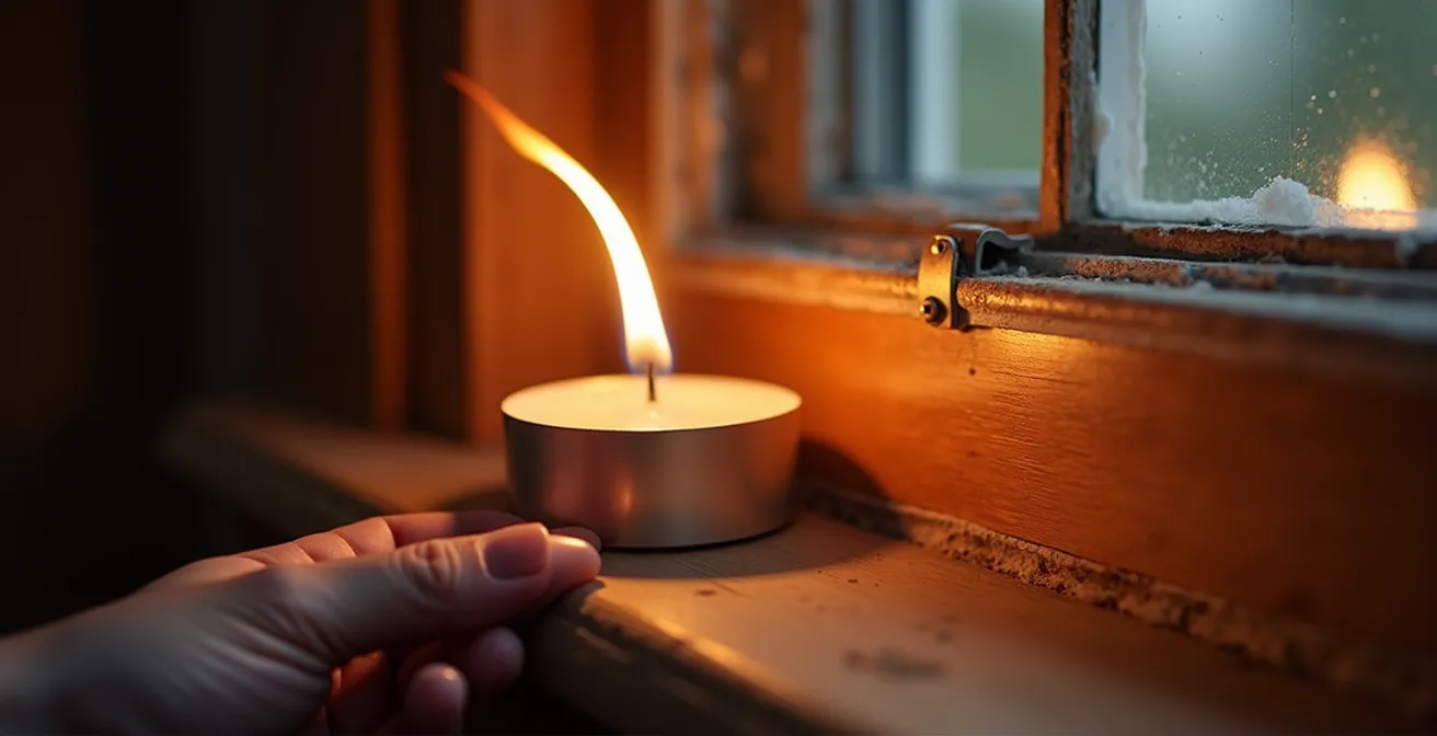 Main tenant une bougie près d'une fenêtre pour détecter les infiltrations d'air
