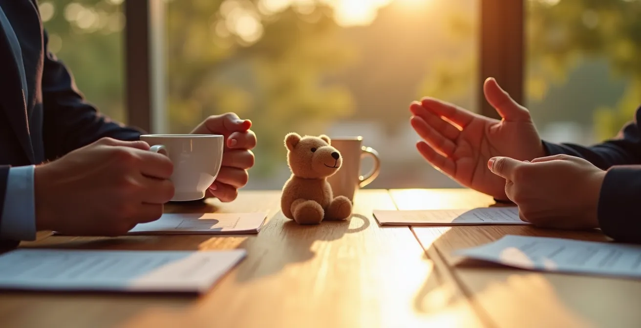 Discussion professionnelle entre parent et nounou autour d'une table avec ambiance apaisée