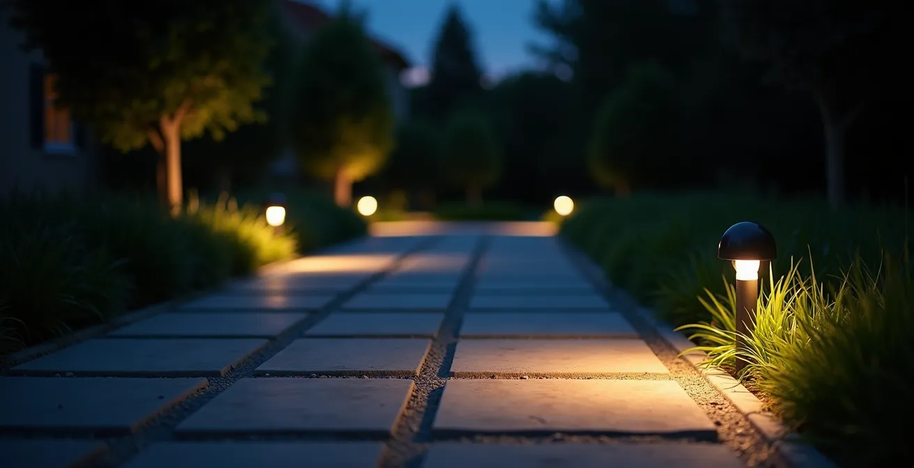 Allée de jardin éclairée la nuit avec spots LED positionnés stratégiquement