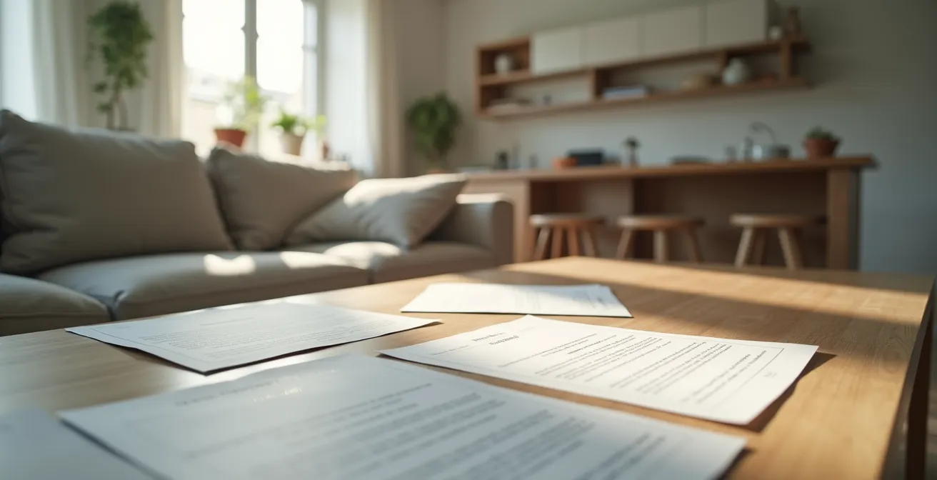 Scène d'entretien professionnel entre parents et candidate nounou dans un environnement domestique