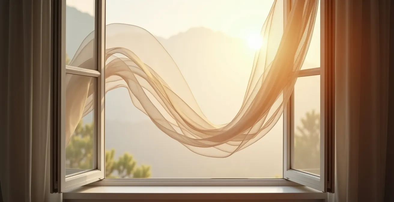 Fenêtre ouverte en grand avec visualisation du flux d'air traversant
