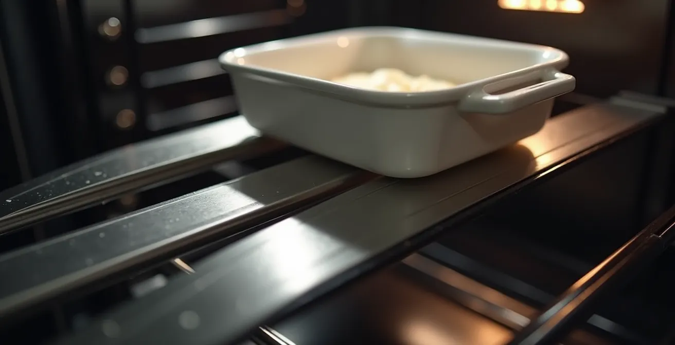 Gros plan sur un four avec porte escamotable ouverte et rails télescopiques déployés montrant un plat accessible