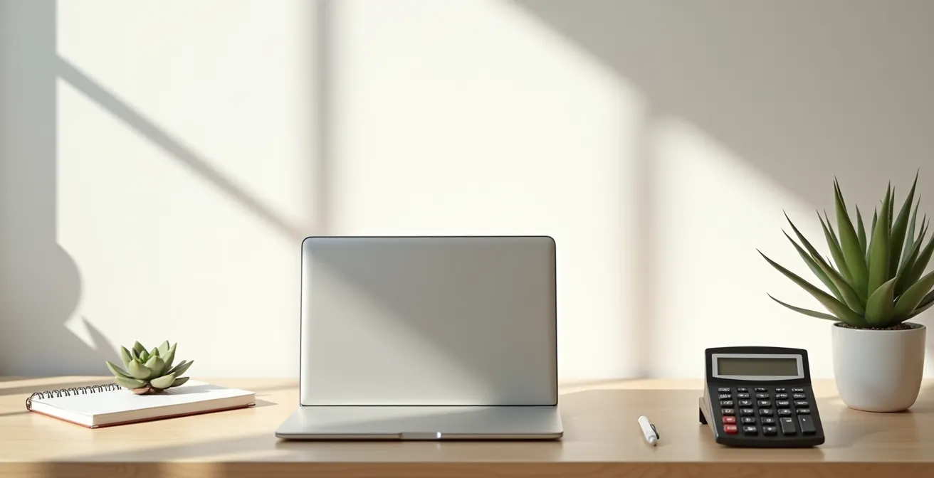 Vue large d'un espace de travail épuré avec ordinateur portable fermé, calculatrice et carnet de notes, dans une ambiance minimaliste et apaisante