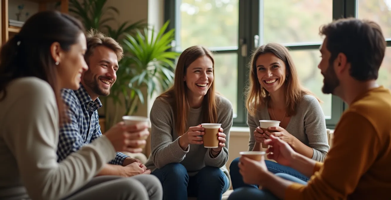 Cercle de personnes en discussion bienveillante dans un espace chaleureux