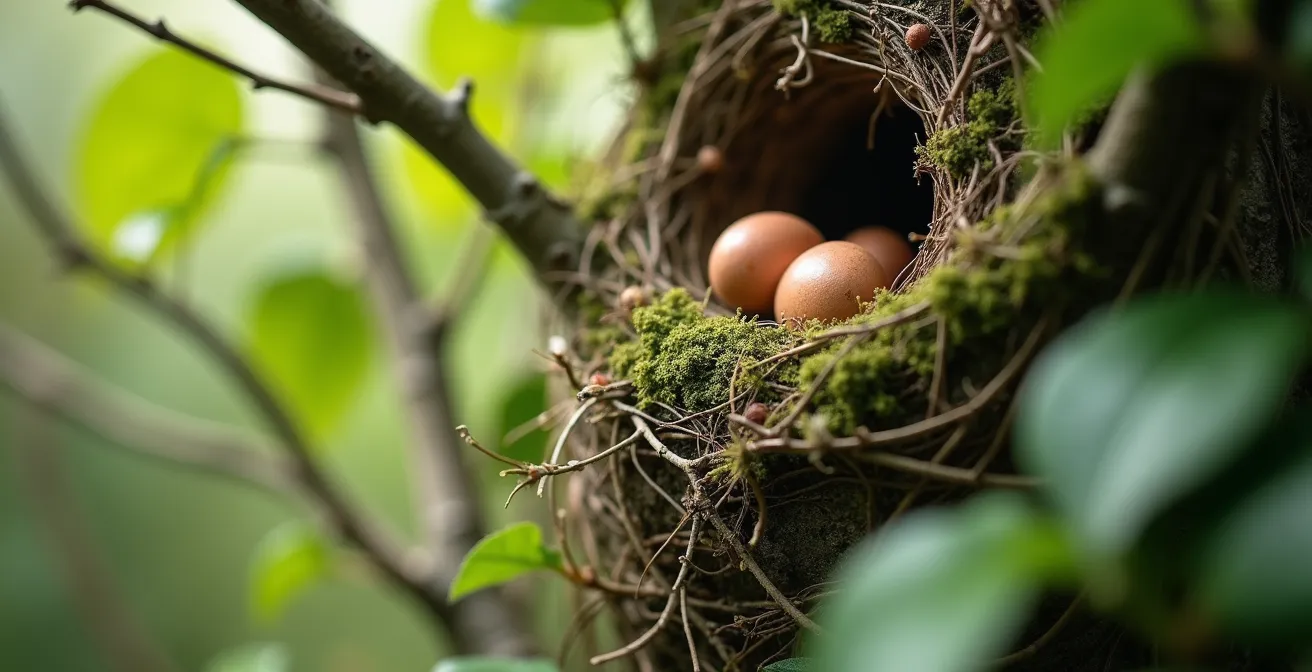 Gros plan sur un nid d'oiseau caché dans une haie dense au printemps