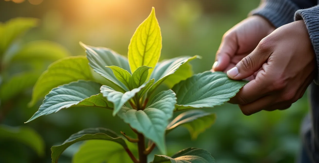 Main examinant délicatement le dessous d'une feuille pour vérifier l'état de santé de la plante