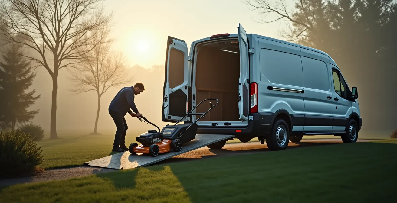Jardinier professionnel déchargeant du matériel de jardinage d'un véhicule utilitaire