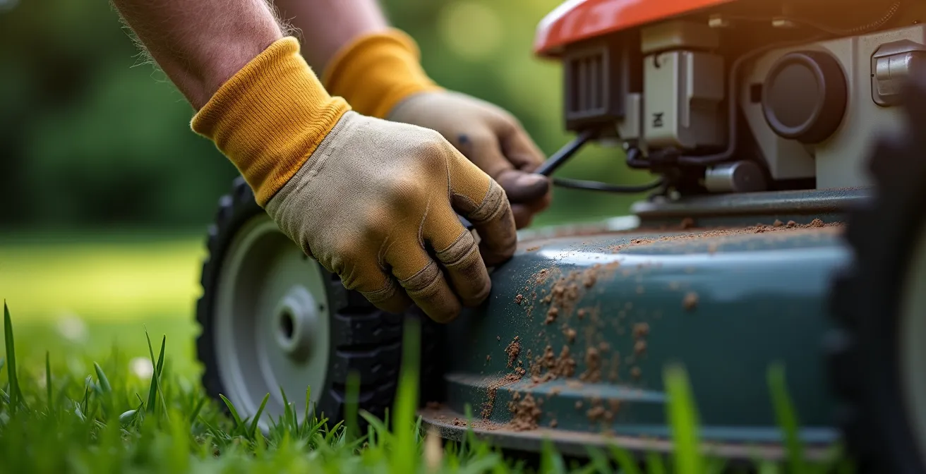 Mains de jardinier ajustant la hauteur de coupe d'une tondeuse professionnelle