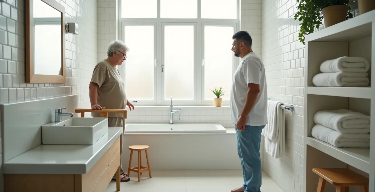 Personne âgée se tenant au lavabo avec présence rassurante d'un aidant