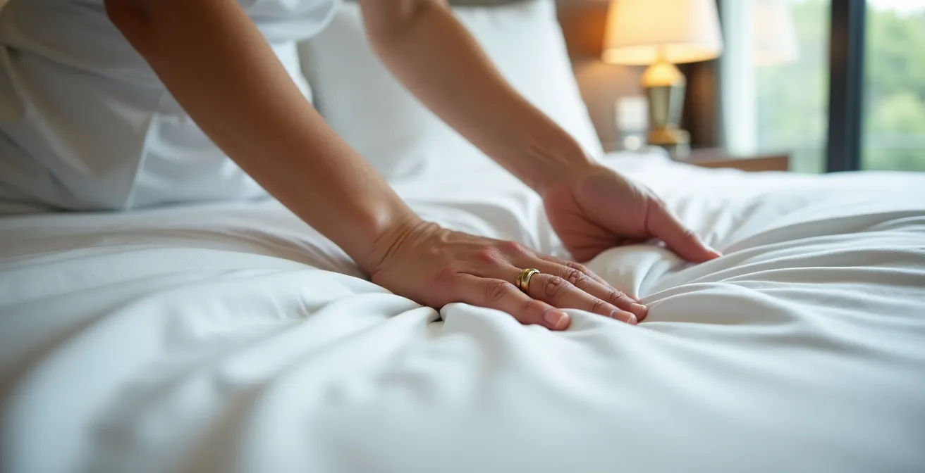 Lit d'hôtel de luxe avec draps blancs impeccables et pliage au carré parfait