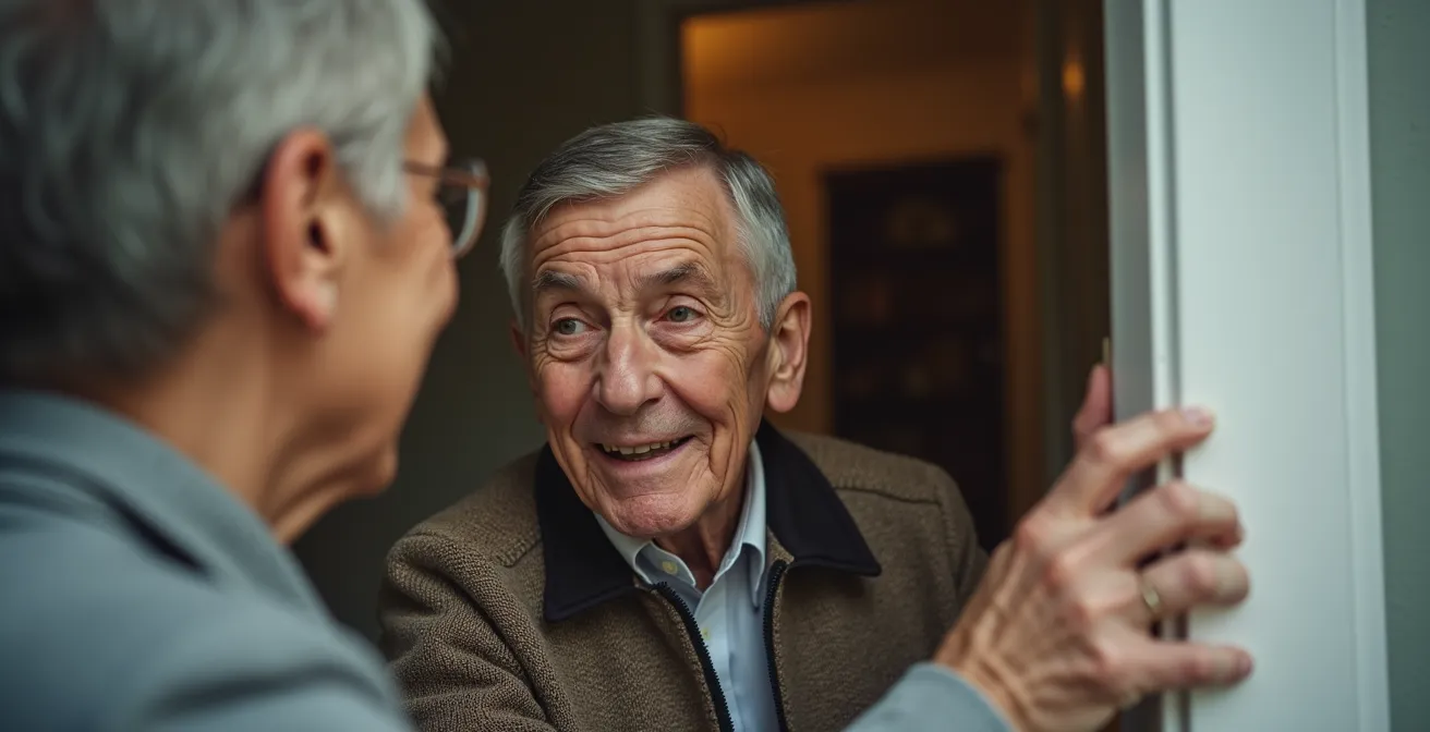 Livreur de repas échangeant avec une personne âgée lors de la livraison à domicile
