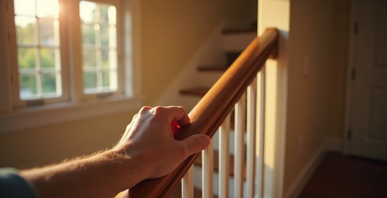 Vue d'ensemble d'un palier de maison ancienne aménagé avec éclairage à détection et main courante