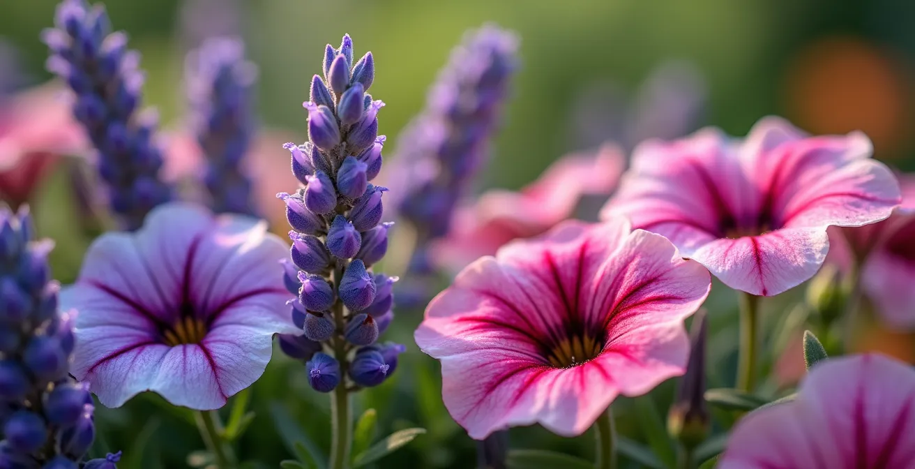 Gros plan sur un massif mixte de plantes vivaces et annuelles en pleine floraison
