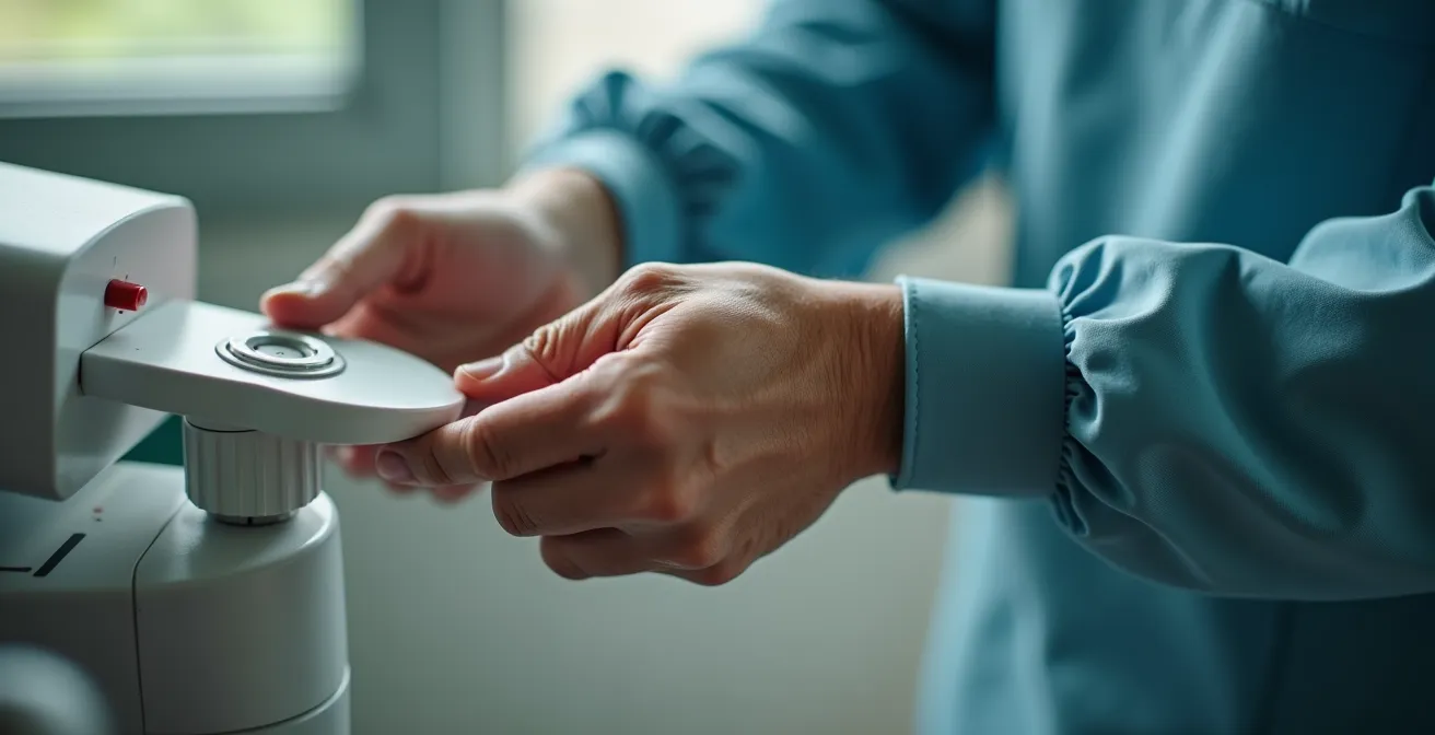 Détail macro de mains expertes ajustant un équipement médical avec précision professionnelle