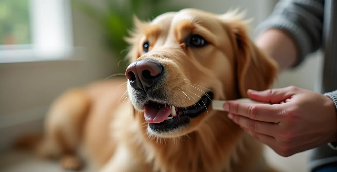 Gros plan sur les mains d'un propriétaire brossant délicatement son chien qui reste calme grâce au renforcement positif