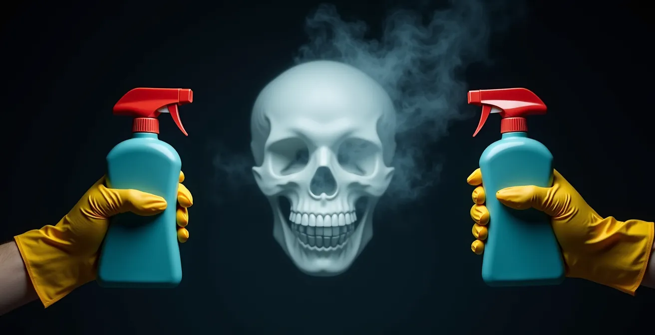 Mains avec gants de protection tenant deux flacons de produits ménagers éloignés l'un de l'autre avec vapeurs toxiques visibles entre les deux