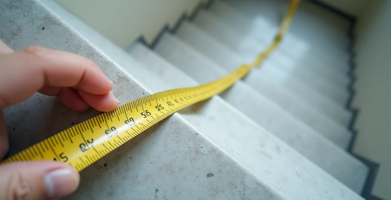 Vue technique d'un escalier étroit montrant les points de mesure critiques pour l'installation