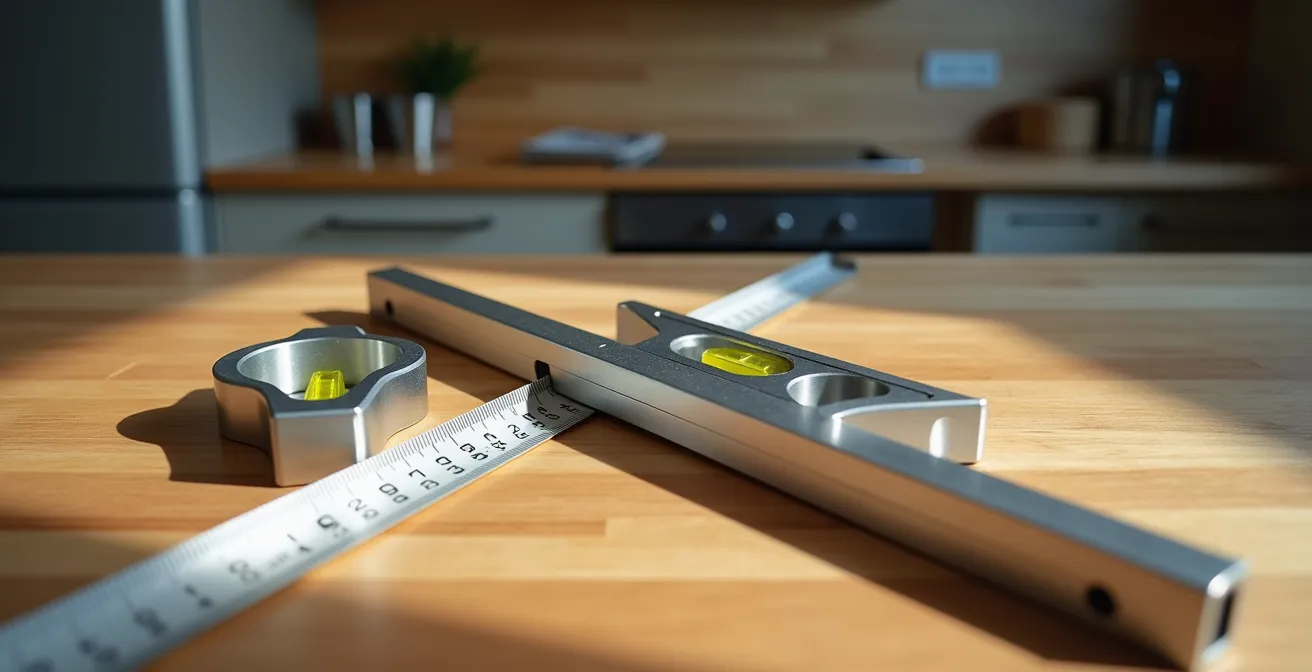 Mètre ruban et niveau posés sur un plan de travail en cours de mesure