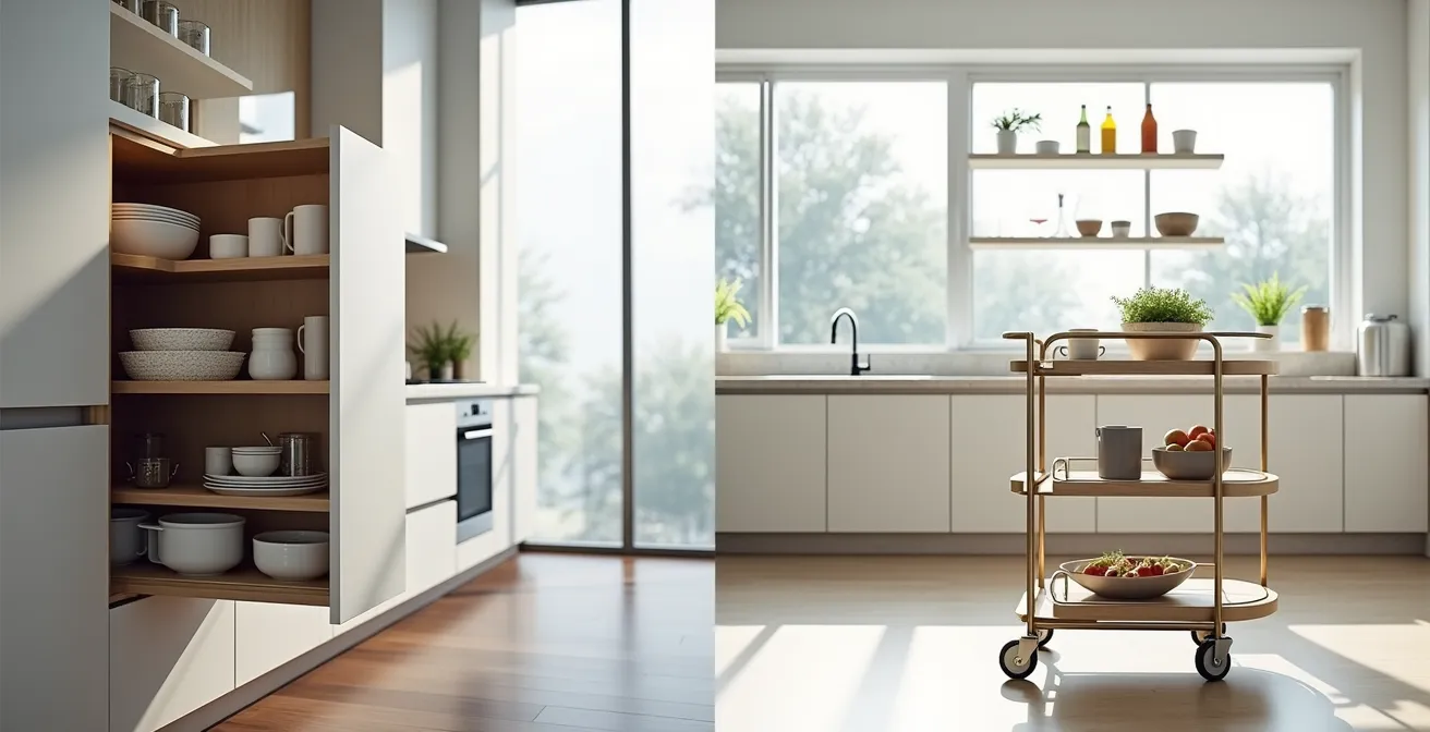 Comparaison visuelle entre un meuble haut avec système descendant et un chariot mobile ergonomique