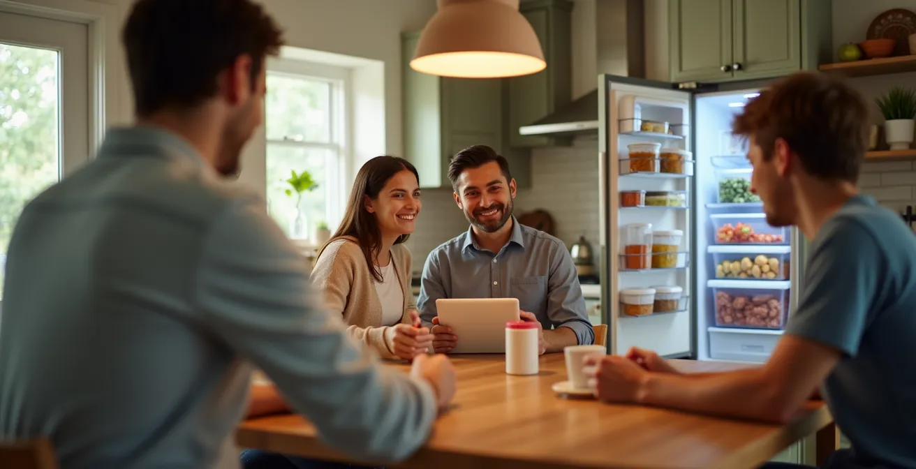 Cuisine moderne avec contenants de batch cooking et application de livraison