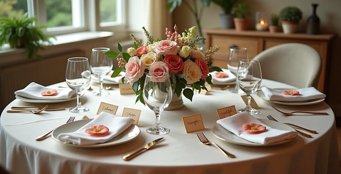 Table de fête familiale décorée avec soin, ambiance chaleureuse et personnalisée