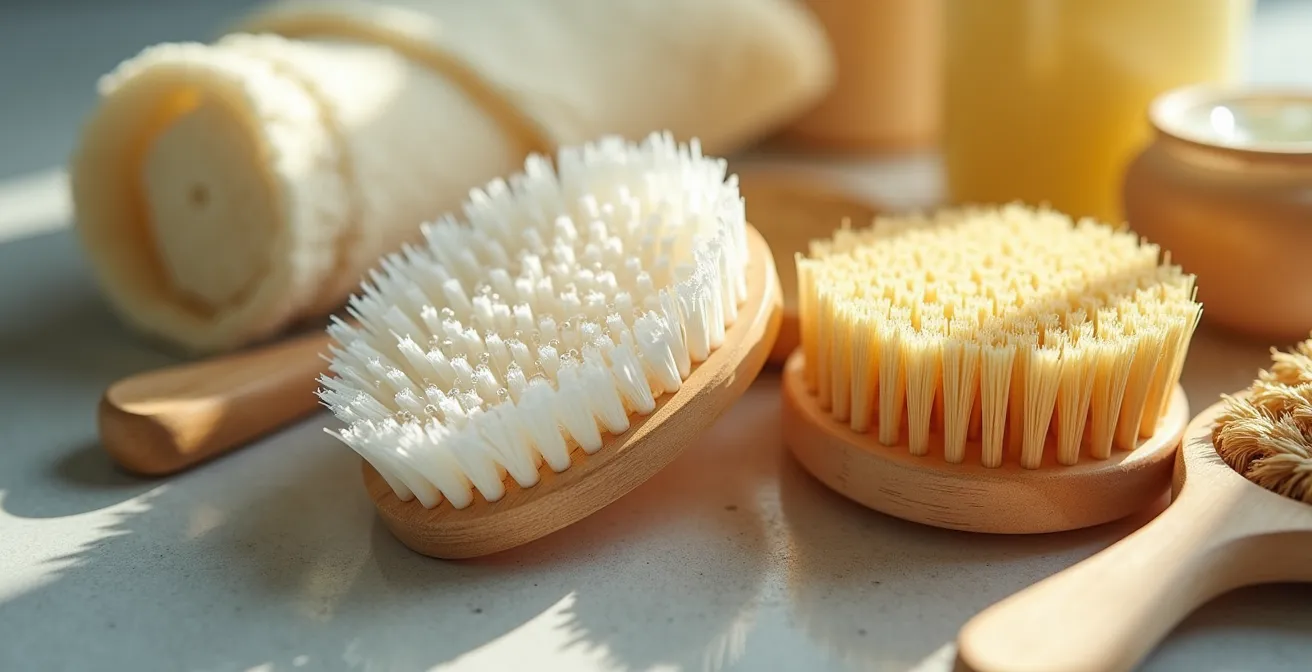 Détail macro de produits de ménage écologiques et d'outils organisés avec soin