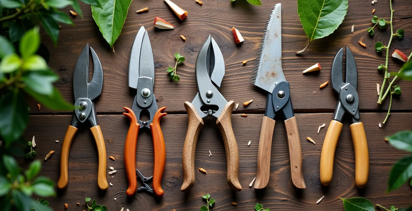 Composition artistique d'outils de taille manuelle sur fond de feuillage naturel