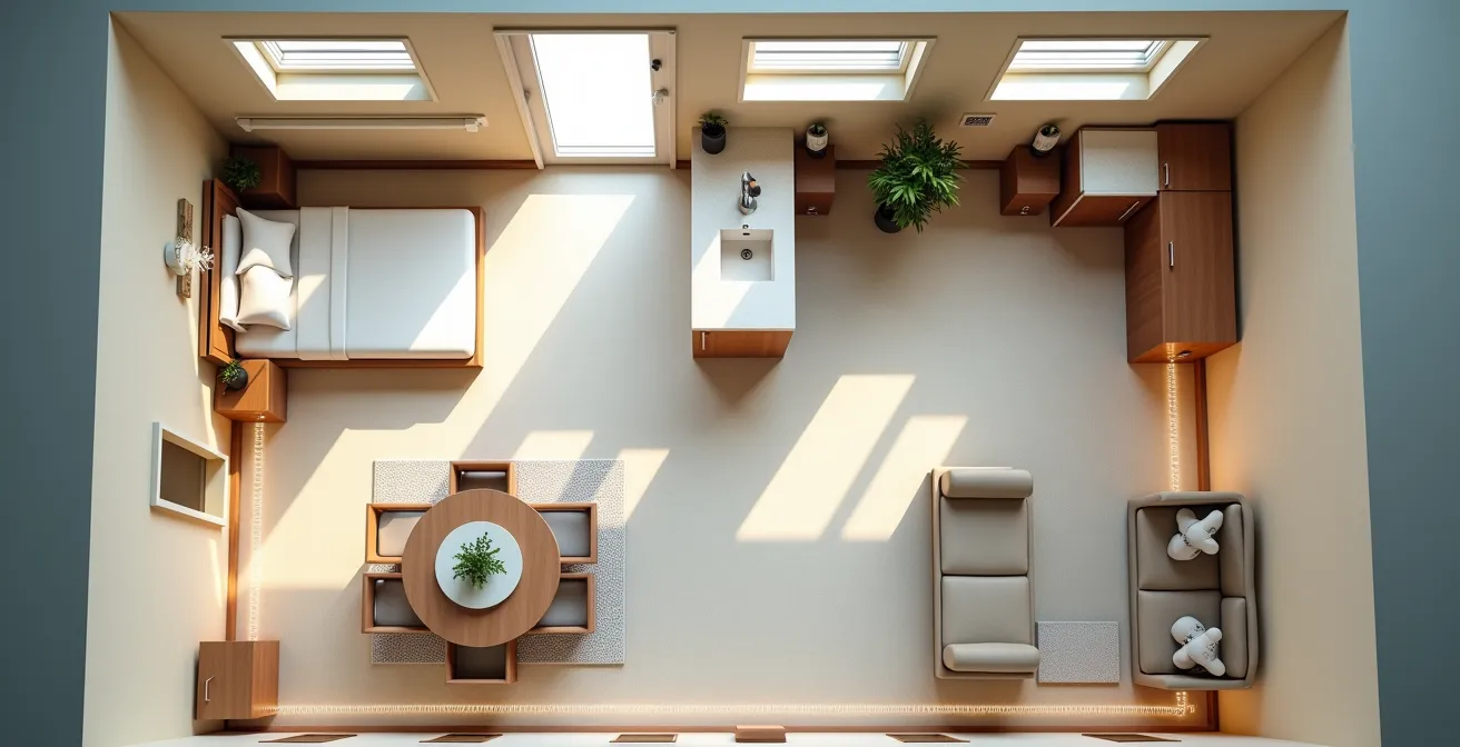 Vue aérienne d'un intérieur montrant les trajets prioritaires à sécuriser