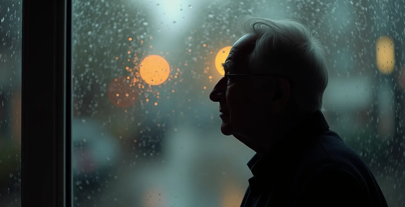 Personne âgée de profil regardant par la fenêtre dans une lumière douce